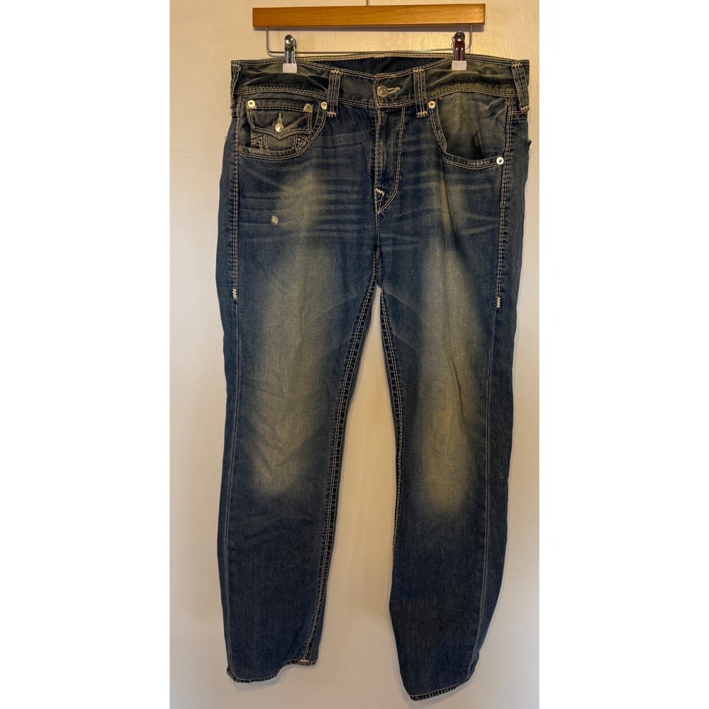 True Religion Slim W Flaps Single Mega T Jeans Mens 34 Blue Distressed Denim